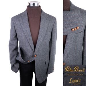 Palm Beach Men’s 44R Blazer Herringbone Gray Tweed Sport Coat Jacket Wool VTG